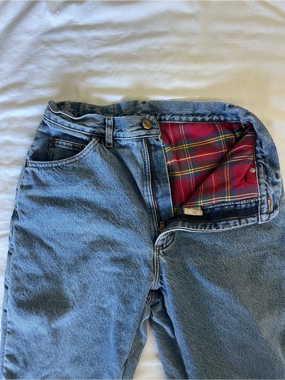 Vintage super rare ! L.L. Bean Light Blue Denim Jeans with Red Plaid Trim